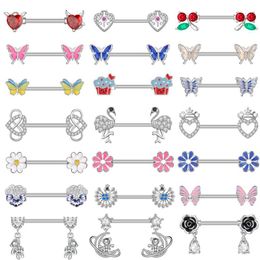 Nipple Rings Red crystal CZs heart-shaped flower Nipple perforated barbell 14G surgical steel cute bear pendant Nipple ring shield bar jewelry 2 pieces Y240510