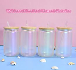 12oz 16oz Sublimation iridescent Glow in the Dark Glass Can tumblers Rainbow Glasses Shimmer Beer Glass Tumbler Frosted Drinkingtu4779274