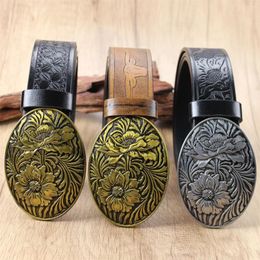 Belts Circular Double Chrysanthemum 3.7cm Wide Men's And Women's Western Bull Head Denim Style Scalprendy Belt Smooth Buckle