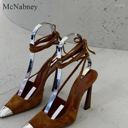 Dress Shoes Early Spring Brown And Black Women Sandals Elegant Style Metal Pointed Toe Thin High Heel Lace-UP Design Comfortable Soft