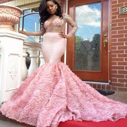 Beautiful Pink Prom Dresses Mermaid Long Sleeve See Through Neckline Flower Sparkly Crystal African Latest Evening Gown 2017 274A