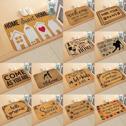 Carpets Kraft Paper Pattern Kitchen Bath Entrance Welcome Sign Door Mat Bedroom Non-Slip Coral Velvet Carpet Rug Soft Home Decor Doormat