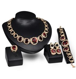 Dubai 18K Gold Pendant Red Ruby Necklace Sets Fashion African Diamond Wedding Bridal Jewellery Sets Necklace Bracelet Earrings 4471593