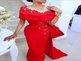 Elegant Saudi Arabic Red Evening Dresses With Sheer Neck Bow Train Beaded Pearls Prom Dresses Satin Side Split African Formal Part5745920