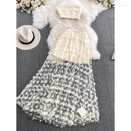 Work Dresses Two Piece Set Women French Bow Mesh Sleeveless Patchwork Shirt Top Apricot Gentle Outfits Summer High Waist Half Skirts