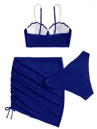 Women's Swimwear Women Pearl Bikini Set Drawstring Mini Skirt Bathing Swimsuit Solid Colour Cover Up