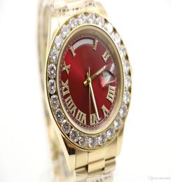 High Quality yellow gold DayDate Red face Big diamond watch men automatic sapphire 18K original clasp Mechanical WristWatc3926553