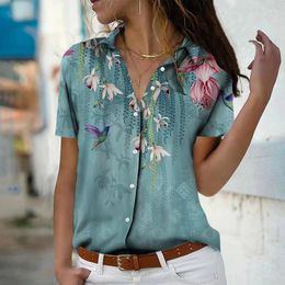 Women's Blouses Shirts Floral 3D Print Streetwear Vintage Short Sleeve Blouse Woman Button Tops Summer Elegant Office Lady V-Neck Shirt