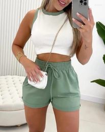 Women's Tracksuits Summer Solid Colour Sports Outdoor Minimalist Contrasting Patchwork Cut Top And Pocket Design Shorts Set