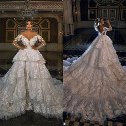 Luxury Mermaid Wedding Dresses 3D Floral Applique Lace Detachable Train Tiered Tulle Sleeves Backless Custom Made Plus Size Bridal Gown Vestidos De Novia