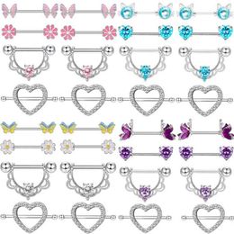 Nipple Rings Fashion Flower Perforated Jewelry Set Steel Crystal Heart Perforated Barbell Bag Purple Perforated Ring Loose Perforated Teton Lotus Y240510