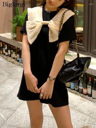 Party Dresses Summer Mini T-Shirts Dress Women Bow Fashion Ruffle Korean Style Loose Pleated Ladies Short Sleeve Sweet Woman