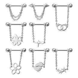 Nipple Rings 2PCS Gothic Sexy Piercings Nipple Rings Barbell 316L Steel Handcuffs Star Feet Flower Chain Dangle Nipple Jewelry for Women 14G Y240510