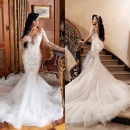 Saudi Arabia Vintage Wedding Dresses Scoop Neck Long Sleeve Lace Applique Beaded Bridal Gowns Plus Size Ruffles Sweep Train robes de ma 3045