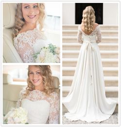 A Line Wedding Dress Real 2021 Lace Bohemian Wedding Gowns Vintage Off The Shoulder Low Back Covered Buttons 34 Long Sleeves5819774