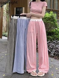 Women's Pants Gaganight Women Checkered Contrasting Color Walking Versatile Casual Long 2024 Summer High Waisted Wide Leg