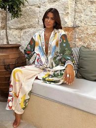 Elegant Printed Pants 2 Piece Set Causal Lapel Sing Breatsed Long Sleeved Elastic Waist Pant Suits Ladies Holiday Beachwear 240510