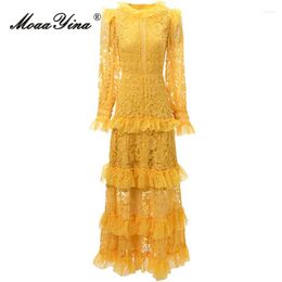 Casual Dresses MoaaYina Autumn Fashion Designer Yellow Vintage Lace Dress Women's Lantern Sleeve Mesh Ruffles High Waist Slim A-LINE Long