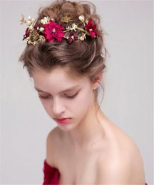 Wedding Bridal Burgundy Red Flower Headband Hairband Gold Rhinestone Crown Tiara Crystal Hair Accessories Jewelry Princess Headpie1686482