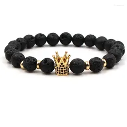 Strand 2024 Trendy Natural Black Volcanic Lava Stone Bracelets Bangle Pave CZ Crown Bracelet For Men&Women Charm Fashion Jewelry