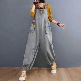 Women's Jumpsuits Rompers Denim Jumpsuits for Women Printed Strtwear Harem Pants Vintage One Piece Outfit Women Clothing High Strt Loose Casual Romper Y240510X0OW