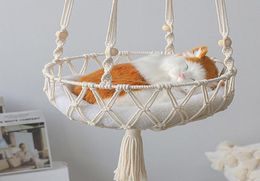 Cat Beds Furniture Large Macrame HandWoven Hammock Basket Fruit Hanging Household Pet Dog Swing Net Bag Gift7463438
