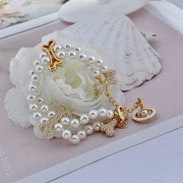 Brand Westwood full of diamond bones double-layer pearl bracelet noble sweet and cool treasure high-end version