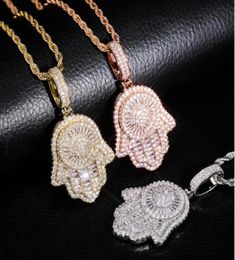 Iced Out Hand of Fatima Hamsa Pendant Necklace CZ Copper Top Quality Cubic Zircon Bling For Men Women Hip hop gifts7780917