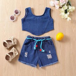 Clothing Sets 2-7Y Kids Girls Summer Clothes Set Baby Sleeveless Zipper Vest Tops Ripped Denim Shorts Jeans With Waistband Children Outfits