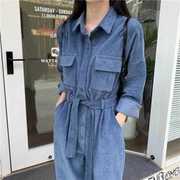 Women's Jumpsuits Rompers Solid Jumpsuits for Women Loose Harajuku Straight Pants Thick Corduroy Lace-up Workwear Korean Style Casual Vintage Playsuits Y240510