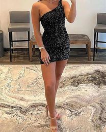 Party Dresses Mermaid / Trumpet Homecoming Little Black Cocktail Dress Graduation Short Mini Sleeveless One Shoulder Sequined