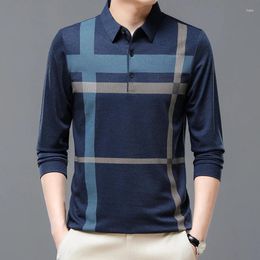 Men's Polos BROWON Fashion Men Polo 2024 Autumn Turn-down Collar Long Sleeve Shirts Striped Print Business Casual Tops