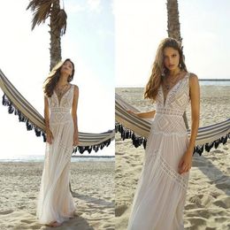 Bohemia 2019 Rish Wedding Dresses Deep V Neck Lace Appliqued Beach Boho Floor Length Chiffon Long Wedding Dress Bridal Gowns Robe De Ma 306C