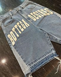 Street Harajuku fashion jeans American retro letter embroidered denim shorts high street boys casual loose straight pants men 240510