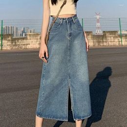 Skirts Spring Long Denim Skirt Vintage Women Solid High Waist A-LINE Slim Korean Style Jean Slit Midi Summer Fashion Girl