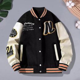 Men's Jackets Men Baseball Jacket Striped Letter Pattern Stand Collar Long Sleeve Outerwear Thick Single-breasted Cardigan Mid Length Coat