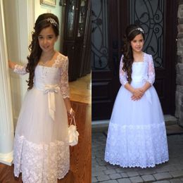 Stunning Long Sleeves Flower Girls Dresses For Weddings Appliques Lace Tulle Floor Length First Communion Dresses Junior Bridesmaid Dre 280D