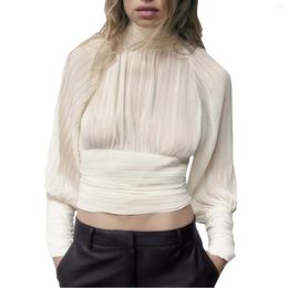 Women's Blouses Stand Up Neck Inner Layup Shirt Open Back Lace Fashion Sexy Pullover 100 Pleated Cover Long Sleeved Top