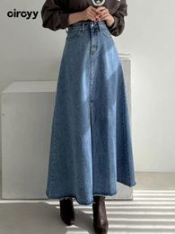 Skirts Long Skirt Women Denim Summer Pocket Ladies A-line High Waist Loose Single Button Y2k Slit Leg Vintage Burr Korean 2024
