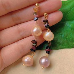 Dangle Earrings 10-11mm Natural Baroque Pink Pearl Tourmaline Gold Ear Stud Formal Casual Custom Handmade Modern Women Hoop Office Gemstone