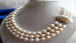 3Strands 11MM White Rice Freshwater Pearl Necklace012341760479