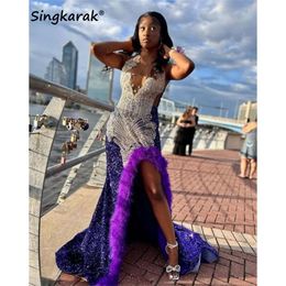 Long Purple Prom Dresses 2024 Glitter Beading Crystals Rhinestones Feathers Sequins For Black Girl Mermaid special Party Gown