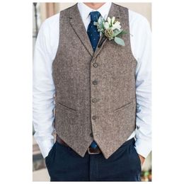 Dark Brown Groom Vests 2019 Wedding Wool Herringbone Tweed Groomsmen Vests Men's Suit Party Prom Farm Country Waistcoat Custom Mad 224c