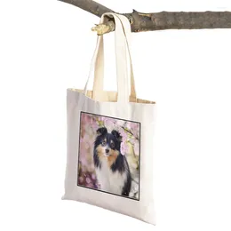 Shopping Bags Casual Dog Scotland Border Collie Women Reusable Supermarket Shopper Bag Fashion Pet Animal Tote Shoulder Handbag