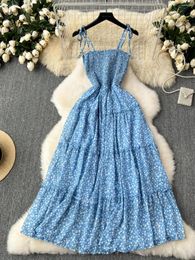 Casual Dresses SsTss Sweet Blue Floral Print Summer Dress For Women Elegant Lace-up Spaghetti Strap Sleeveless A Line Beach Holiday Sundress