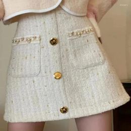 Skirts Bright Silk Tweed Mini Women High Waist Single Breasted A-line Autumn Winter Small Fragrance