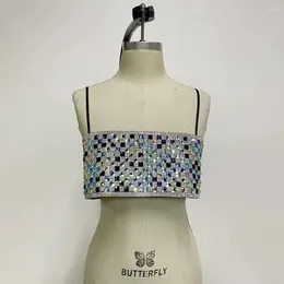 Women's Tanks SJ Fashion Luxurious Square Glass Rhinestone Colorful Crystal Applique Halter Top