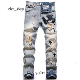 Purple Jeans Designer Mens Mens Jeans High Street Jeans for Mens Embroidery Pants Womens Oversize Ripped Patch Hole Denim Straight Fashion Streetwear Slim 9058