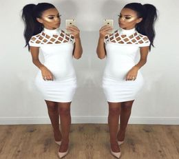 Women Hollow Out Sexy Bodycon Dresses Short Sleeved Summer Mini Dress Lady Party Fashion Sheath Solid Color1442034