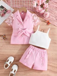 Clothing Sets Baby Clothes Set 3-8 Years Old Tulle Butterfly Sleeve Vest Coat And Shorts Outfit Formal Suit For Kids Girl